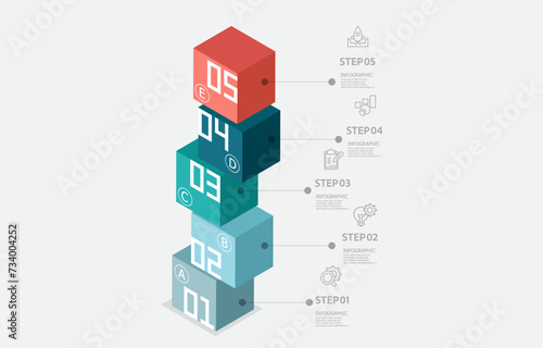 cube isometric infographics timeline element business data steps report layout template background with business line icon 5 steps