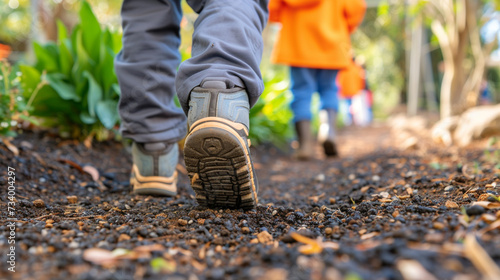 A community-led initiative to create safe walking paths for school children, illustrating proactive community involvement, community care, care jobs, community support, with copy space