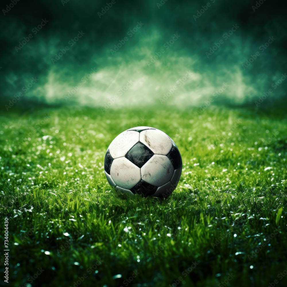 Soccer field backdrop with ball, illustrating the passion and energy of the game. AI generative.