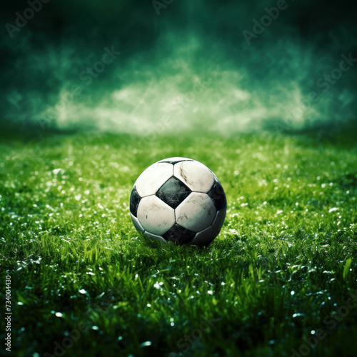 Soccer field backdrop with ball, illustrating the passion and energy of the game. AI generative.