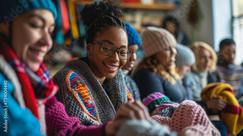 Volunteers from various age groups knitting and crafting warm clothes for the homeless at a community center, community care, care jobs, community support, with copy space