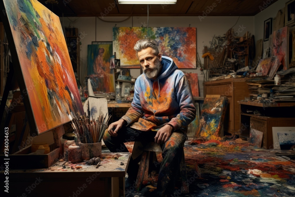 The Silent Symphony of Creation: An Artist with a Dreamy Expression in a Chaotic, Canvas-filled Studio The Silent Symphony of Creation: An Artist with a Dreamy Expression in a Chaotic, Canvas-filled Studio