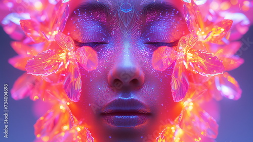 Close-up of a woman's face with eyes closed, adorned with radiant digital floral artwork and vivid colors.