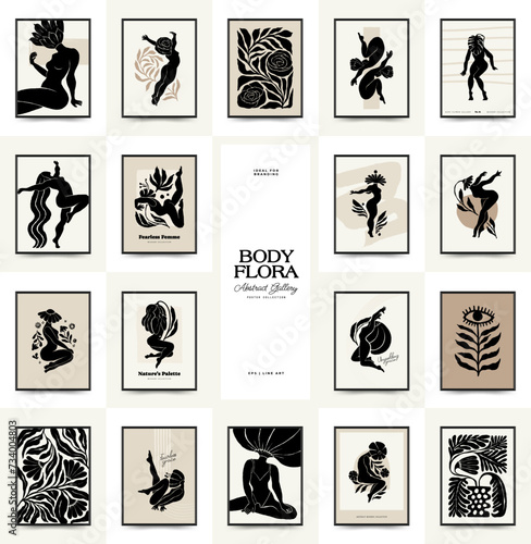 Modern Art Poster with body, women and flower. Matisse Abstract Set, Aesthetic Modern, Boho Decor, Minimalist, Illustration, Vector, Poster, Postcard. 