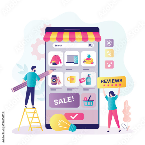 Mobile app or internet shop development concept. Group of developers and designers create e-shop application. Teamwork, creation of an online store.