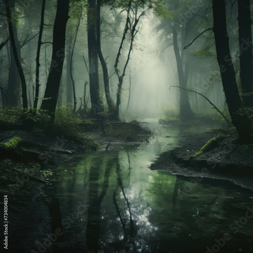 Swamp forest scene with a light mist  showcasing the tranquil beauty of nature in spring. AI generative.