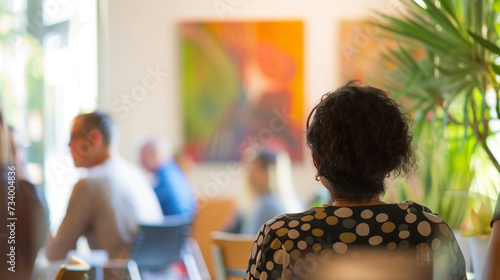Residents using a shared community space for a neighborhood meeting, with artwork created by local artists adorning the walls in the blurred background, care jobs, with copy space