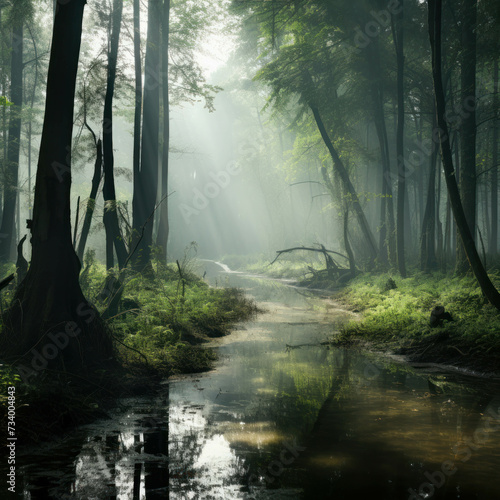 Serene swamp forest landscape enveloped in a light mist, capturing the essence of a quagmire in spring. AI generative.