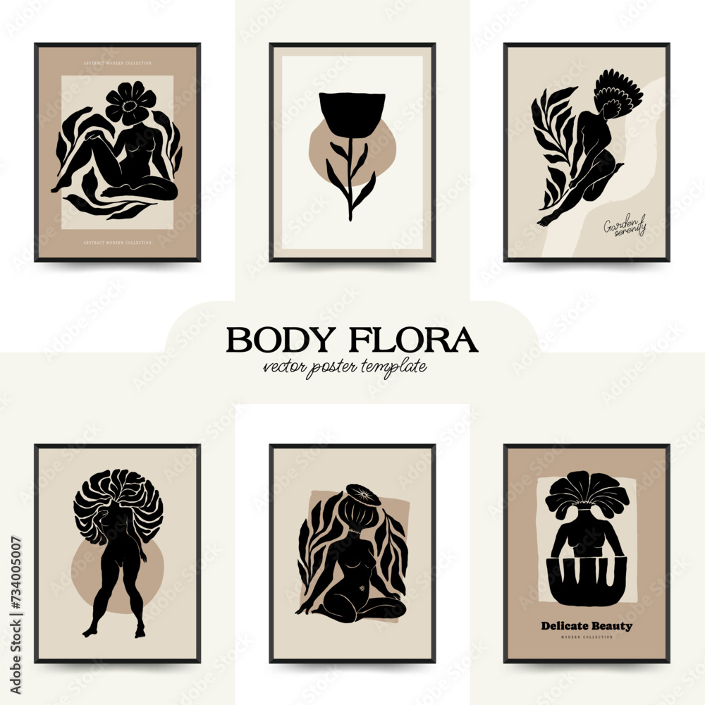 Fototapeta premium Modern Art Poster with body, women and flower. Matisse Abstract Set, Aesthetic Modern, Boho Decor, Minimalist, Illustration, Vector, Poster, Postcard. 