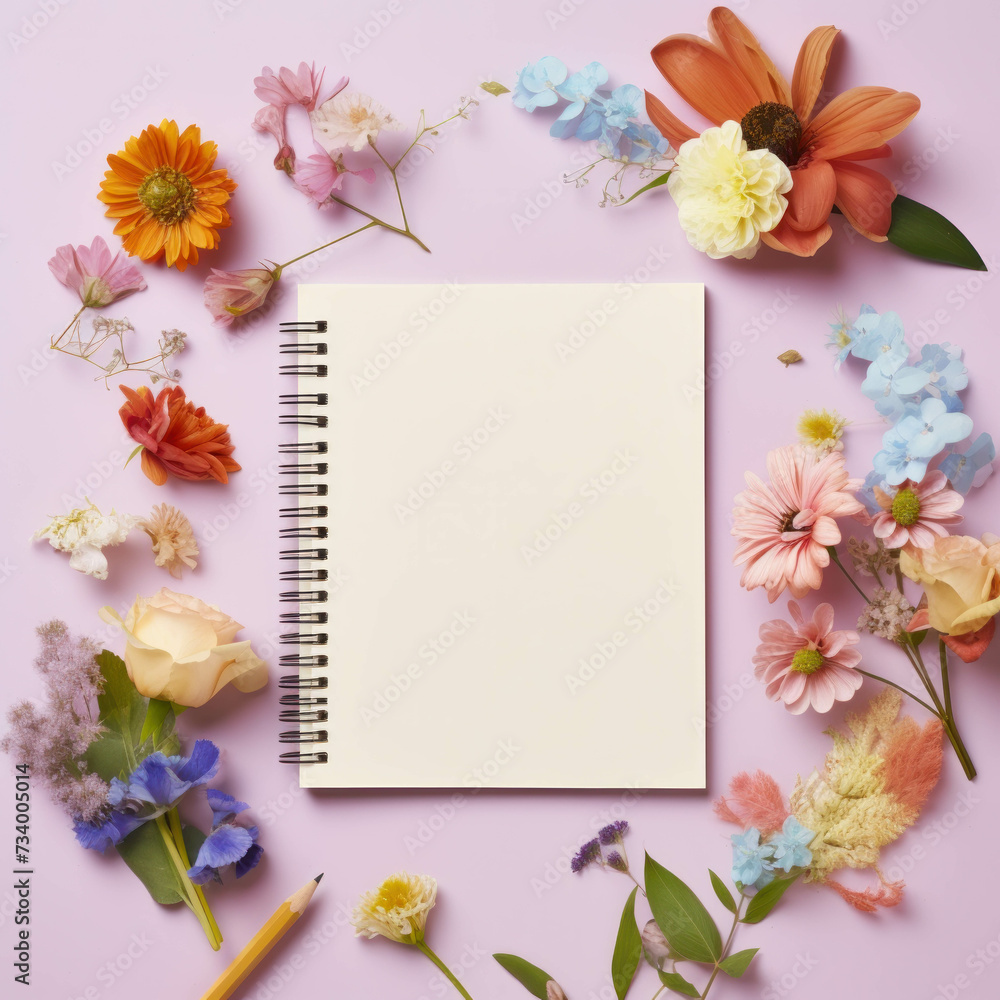 Top view of a neatly arranged work desk with notepad, office supplies, and flowers on a light background. Creative workspace concept. AI generative.