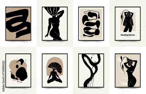Modern Art Poster with body, women and flower. Matisse Abstract Set, Aesthetic Modern, Boho Decor, Minimalist, Illustration, Vector, Poster, Postcard. 