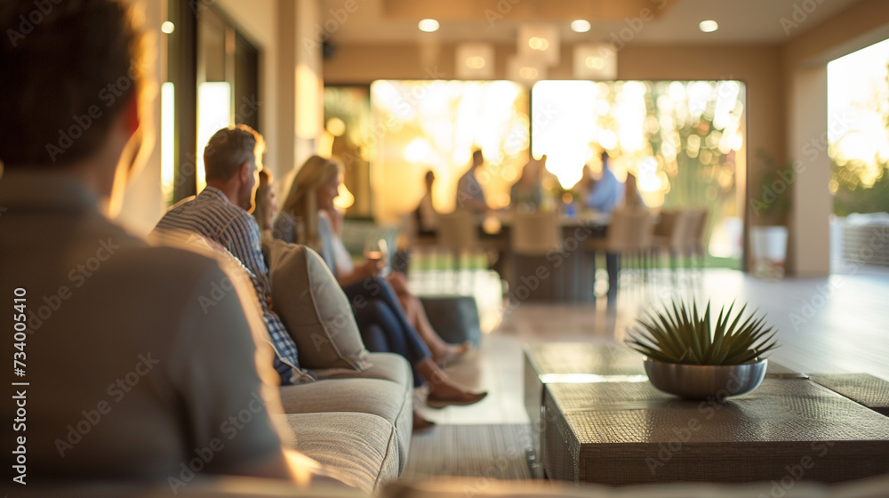 Obraz premium Residents of a gated community meeting at the clubhouse, luxury amenities softly blurred in the background, care jobs, with copy space