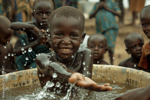 African children enjoy clean water and stretches out his hands to tank with fountain of clean water