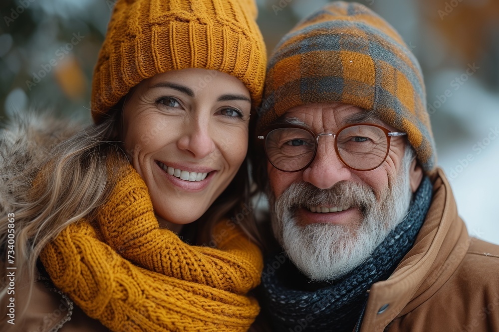 An elderly couple enjoying a romantic autumn walk in the park, embracing each other with smiles. An elderly couple enjoying a romantic autumn walk in the park, embracing each other with smiles.
