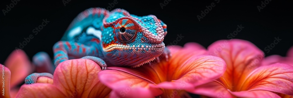 A colorful chameleon in its natural habitat, showcasing its vibrant hues and intricate details in a close-up portrait.