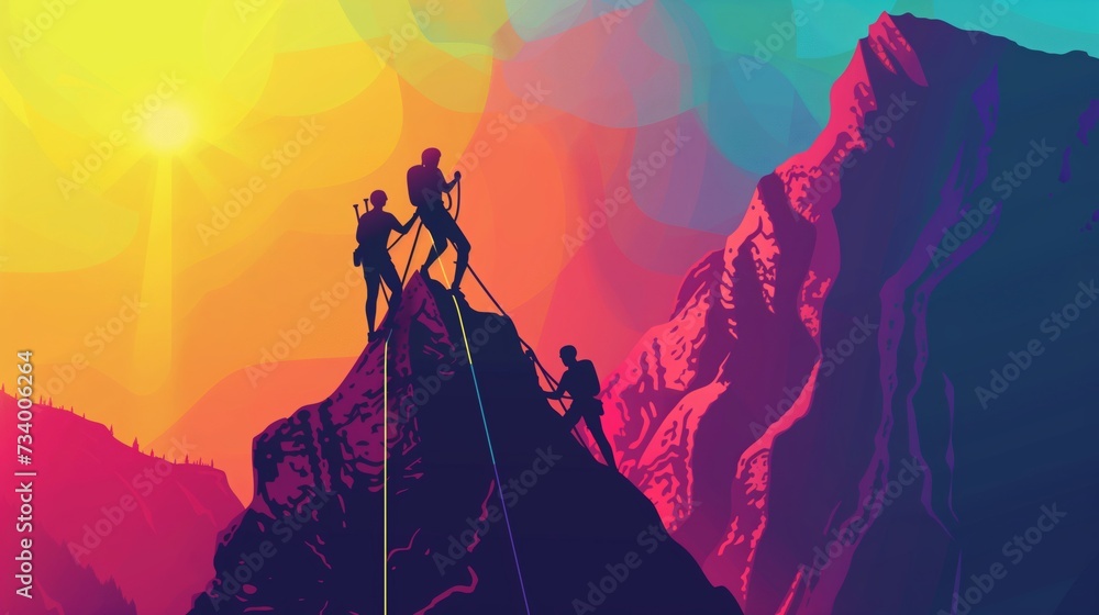 Fototapeta premium Climbing to the top of the mountain. A group of climbers climbed to the top of the mountain illustration.