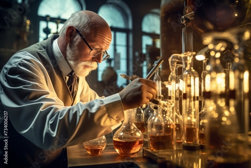 A glimpse into the world of industrial chemistry: A dedicated chemist at work in a lab filled with intricate apparatus
