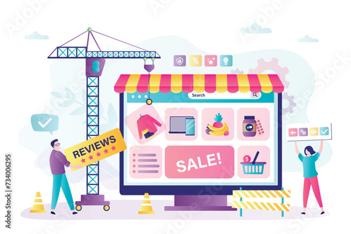 Internet shop development concept. Group of developers and designers create e-shop website. Teamwork, creation of an online store. Copywriting, uploading media content,