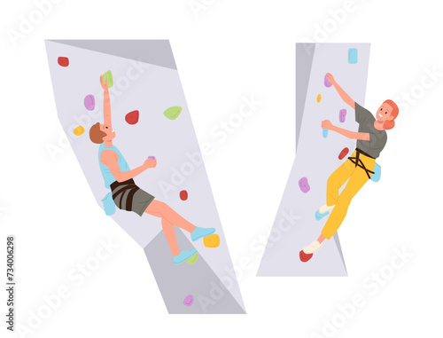 Man and woman athlete cartoon characters enjoying mountaineering bouldering on gym artificial wall
