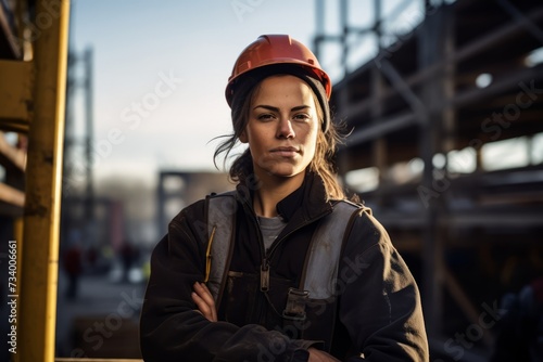Capturing the Strength and Determination of a Woman Ironworker Amidst the Chaos of Construction photo
