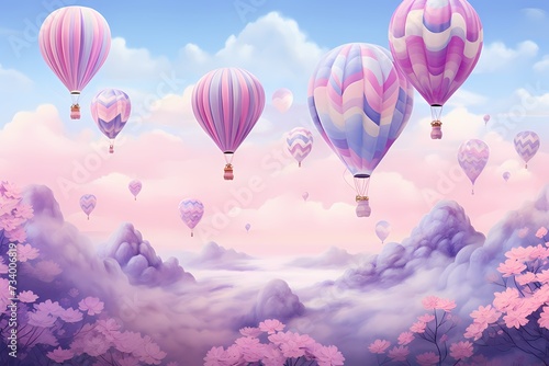 Whimsical hot air balloons floating above a soft lilac sky, creating a dreamy and enchanting atmosphere.