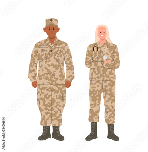 Man and woman professional military medic army doctors cartoon characters isolated set on white