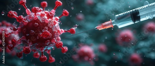 Virology medicine science background banner panorama long wide illustration - vaccination injection against corona virus, covid, flu, microscopic view of influenza virus cells,3d viruses texture photo