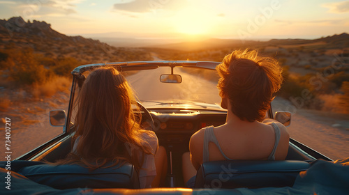 A couple in a car is driving down a country road at sunset. © lam