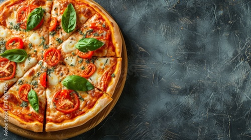 Pizza with cheese, tomatoes, basil, on a dark background, top view