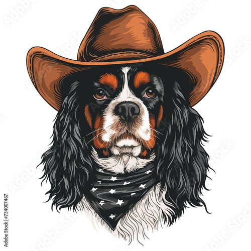 Cavalier King Charles Spaniel Dog Head wearing cowboy hat and bandana around neck