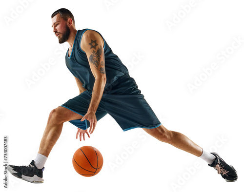 Dynamic shot capturing skilled basketball player in action, focused and determined during intense training session against transparent background. Concept of sport, hobby, active lifestyle. photo