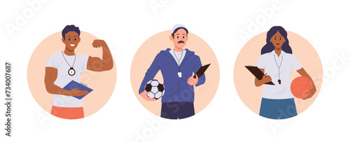 Happy professional man and woman sports trainer, fitness coach and school teacher round composition