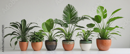 Collection of lush tropical plants in decorative planters