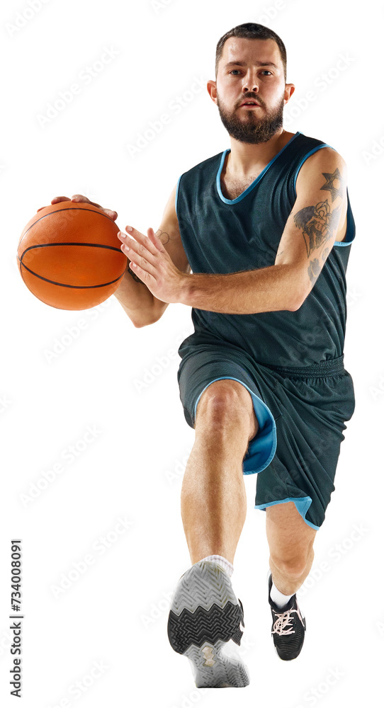 Professional basketball player honing skills with precision dribbling and making powerful slam dunk against transparent background. Concept of sport, hobby, active lifestyle, power and strength. Professional basketball player honing skills with precision dribbling and making powerful slam dunk against transparent background. Concept of sport, hobby, active lifestyle, power and strength.