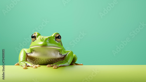 A green frog gazing on a soft pastel green background.