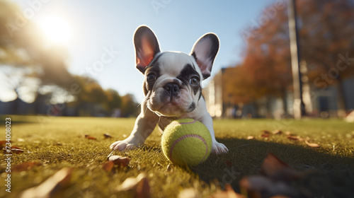 A French bulldog puppy, white with black spots, eagerly clutching a green tennis ball in its mouth.