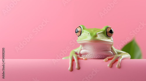 A green frog sitting serenely on a pastel pink background.