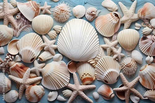 A scattered collection of vibrant seashells forming an intricate pattern on a sandy beige surface, capturing the essence of the seaside. © Kanwal