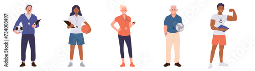 Man and woman different sports trainers cartoon characters dressed in sportswear holding equipment