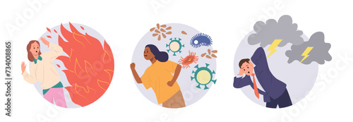 Man and woman people cartoon characters running in fear from fire, viral infection, thunderstorm