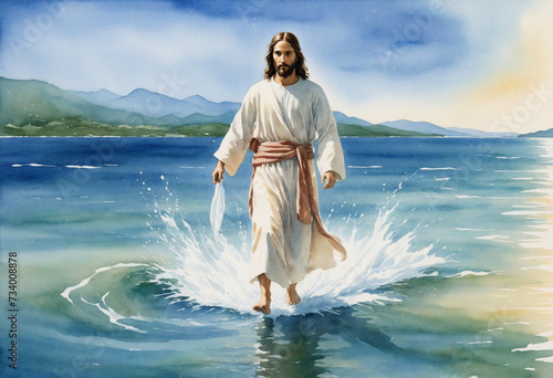 Watercolor painting of Jesus walking on water