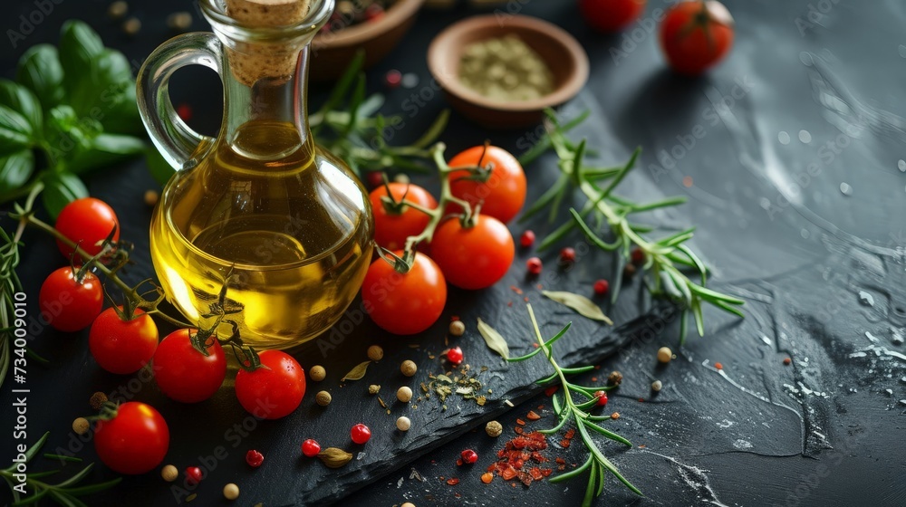 Olive oil with various spices and cherry tomatoes on a dark background Olive oil with various spices and cherry tomatoes on a dark background
