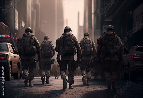 group of soldiers walking down a street, realistic and conceptual illustration, usable for marketing and advertising. Generative AI
