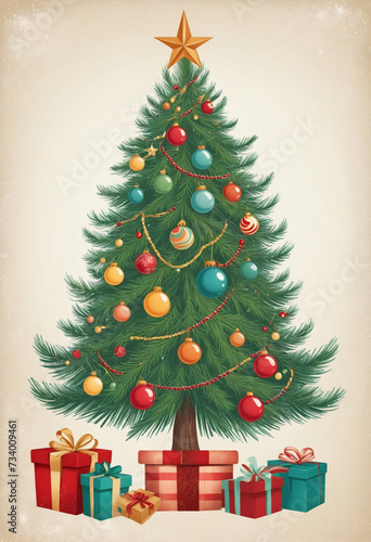 Old-fashioned Christmas tree bursting with colors, classic looking holiday card.