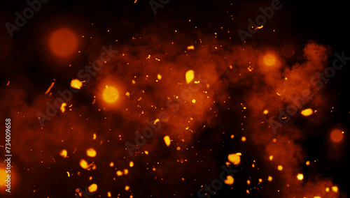 Blurred fire embers sparks on black background . Texture isolated overlays. Concept of particles, sparkles, flame and light.