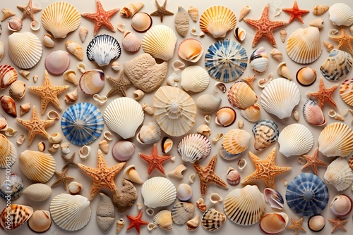 A scattered collection of vibrant seashells forming an intricate pattern on a sandy beige surface, capturing the essence of the seaside.