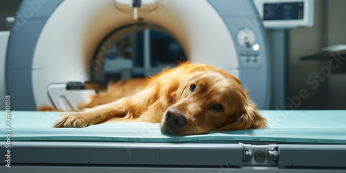 Vets examining x-ray on dog in veterinary surgery, Veterinary and Labrador animal care. Doctor preparing dog to have lumbar spine MRI © Valeriia