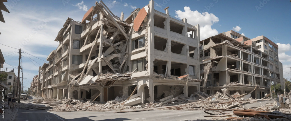 Fototapeta premium Damaged structures post-earthquake on clear backdrop - Automated creation
