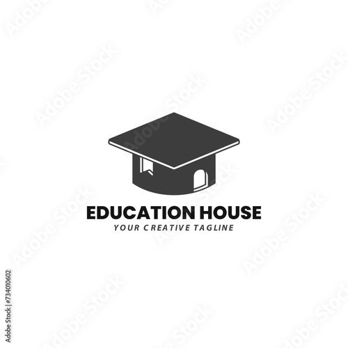 Minimalist Education Logo Design Template With Graduation Hat and House Concept.