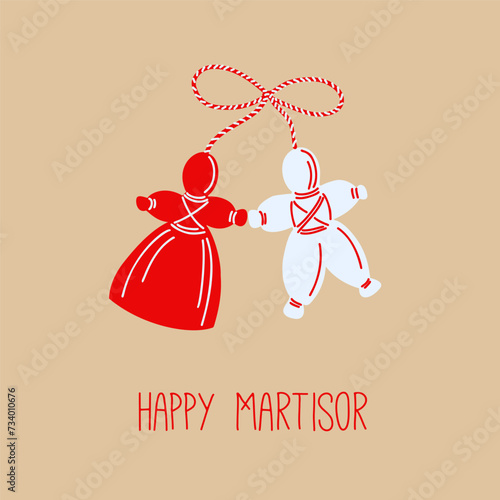 Illustration of Traditional Martisor Figurines with Festive Greeting